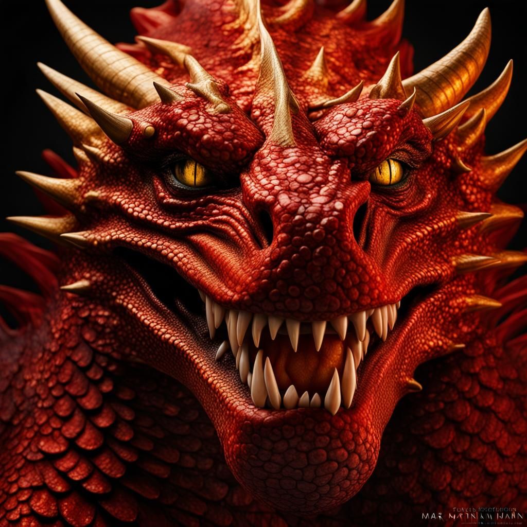 Smiling Dragon Face Portrait in Flames