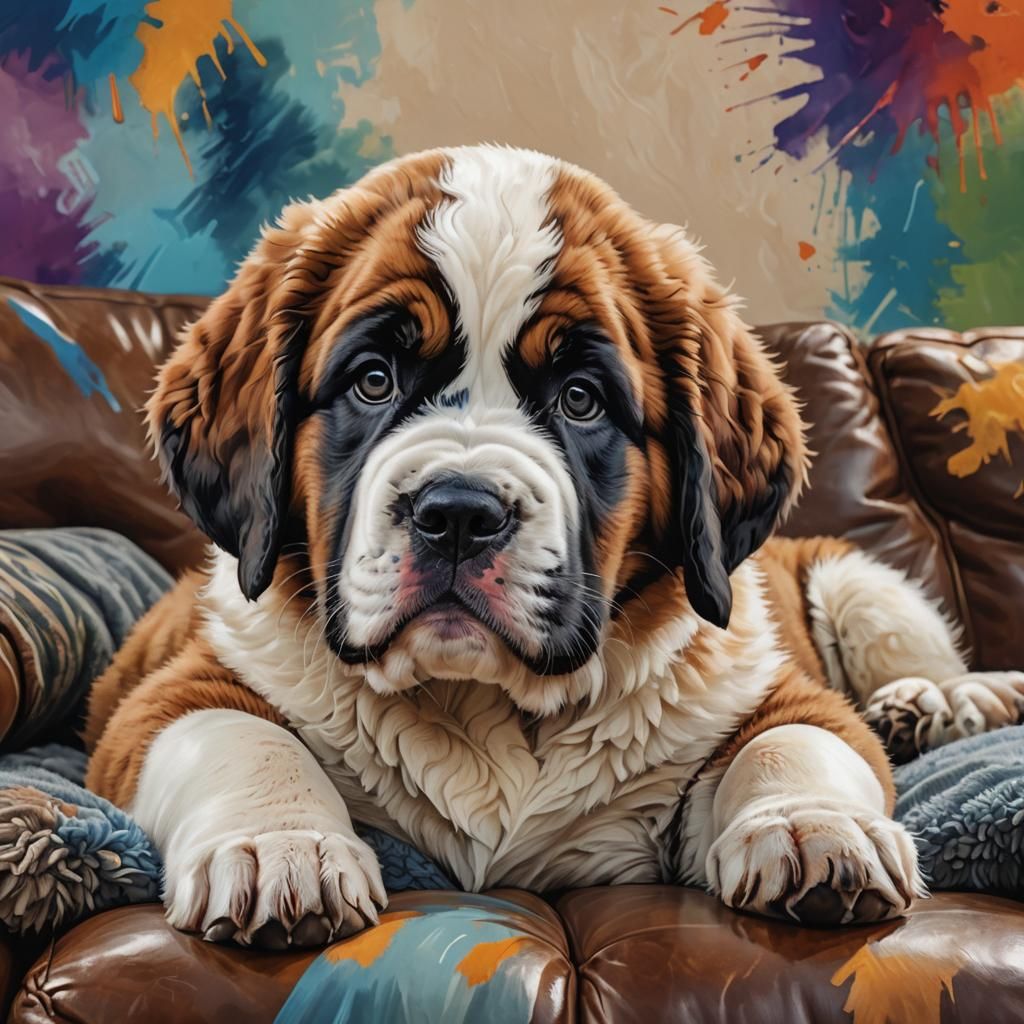 Cute St. Bernard Puppy on Couch in Hyperrealistic Style