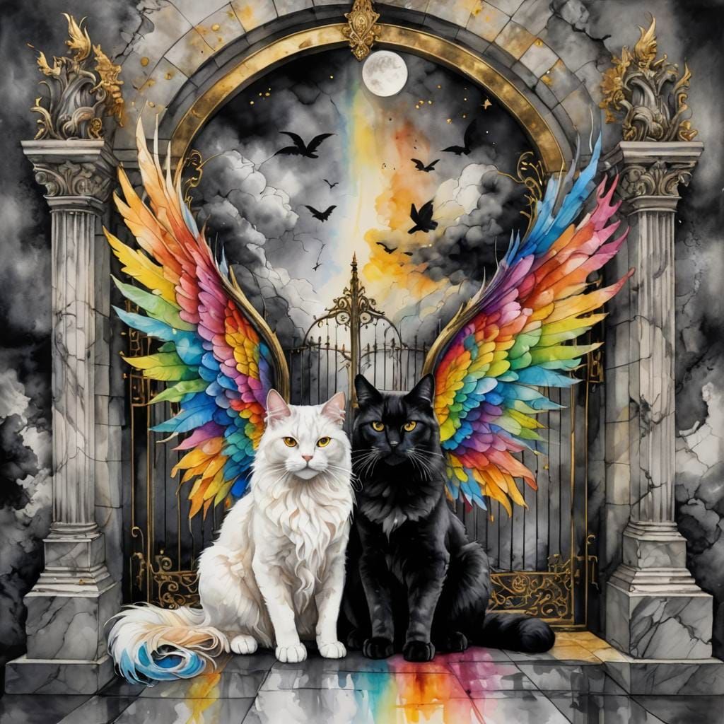 Winged Cats Guard Gothic Man in Rainbow Heaven