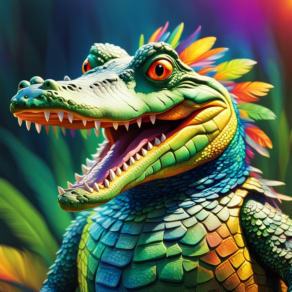 Whimsical Morning Crocodile Dinosaur with Vibrant Iridescent...