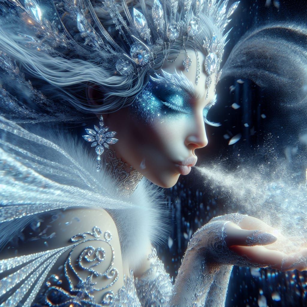 Ethereal Winter Goddess Blows at Ice Petal in Stunning Digit...