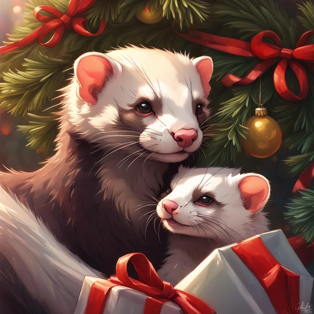 Festive Ferret Kiss: A Christmas Portrait