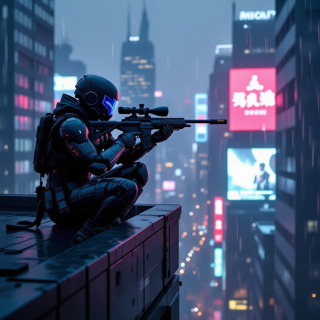 Chrome Cyborg Sniper on Neon Skyscraper, Cinematic Style
