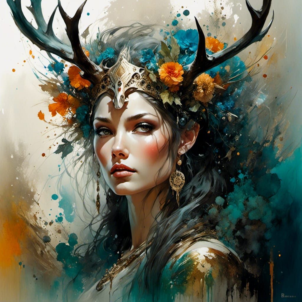 Earth Goddess Portrait with Deer Antlers in Splash Art