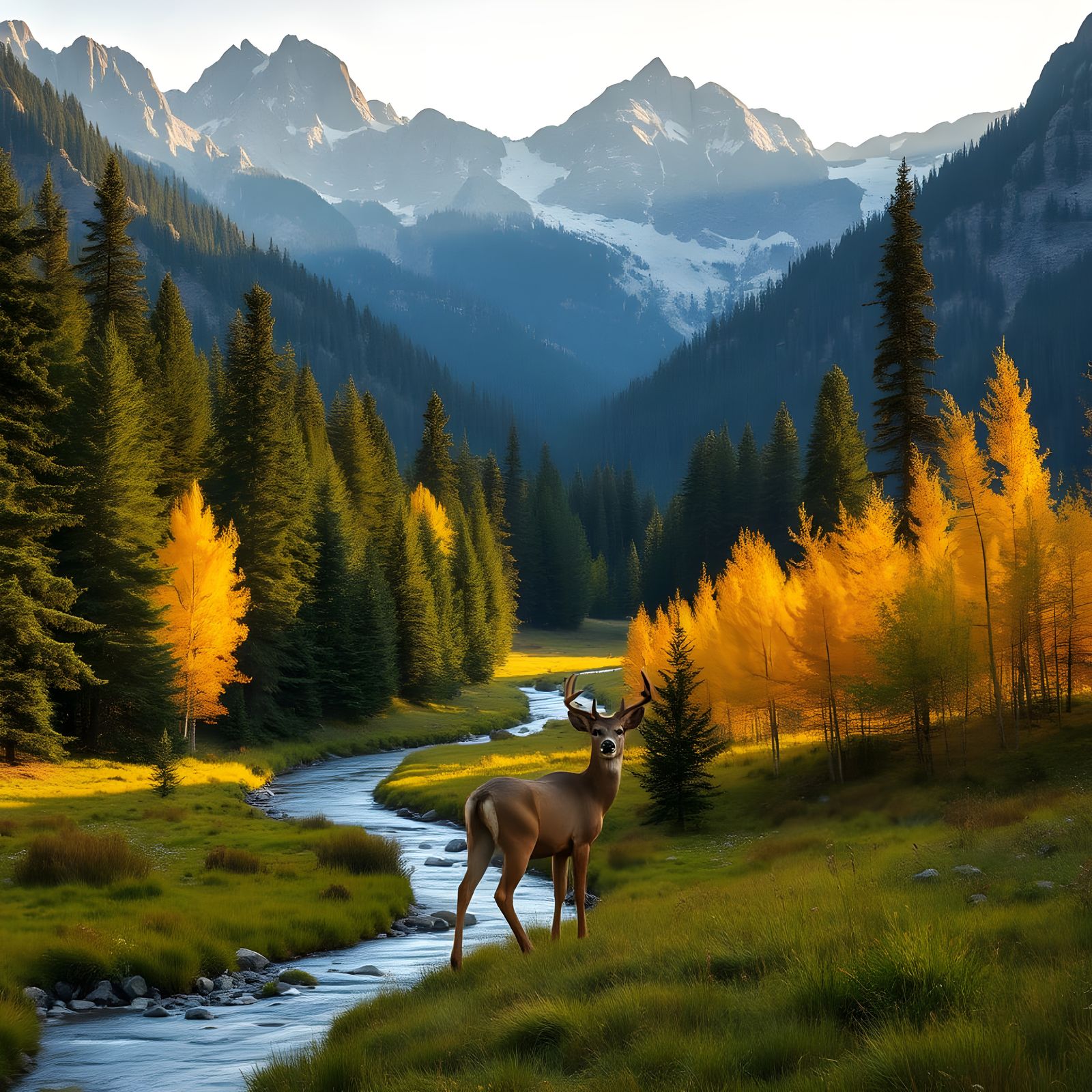 Rocky Mountains Landscape with Lone Deer and Winding Stream