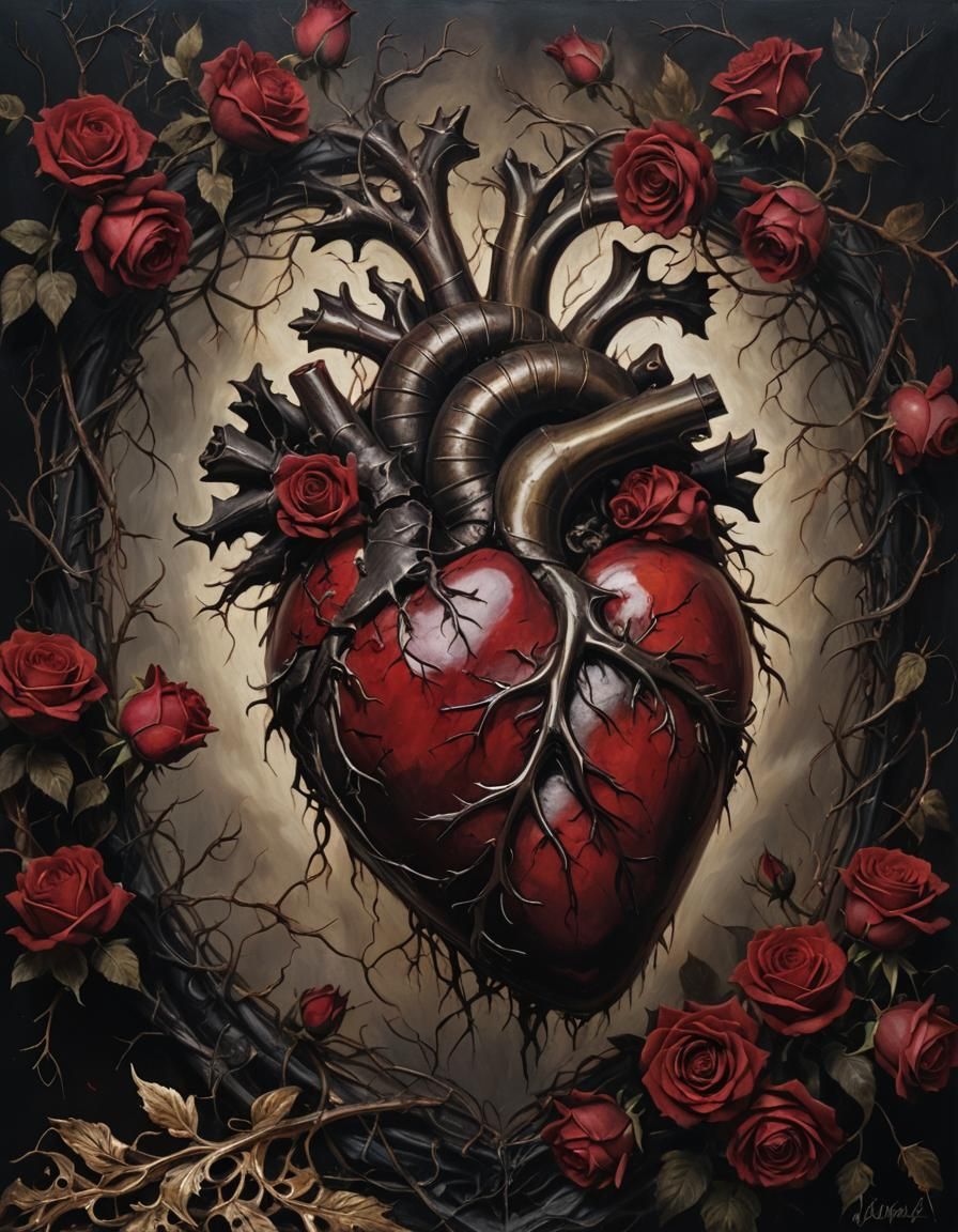 Eerie Heart Surrounded by Roses as Oil Painting