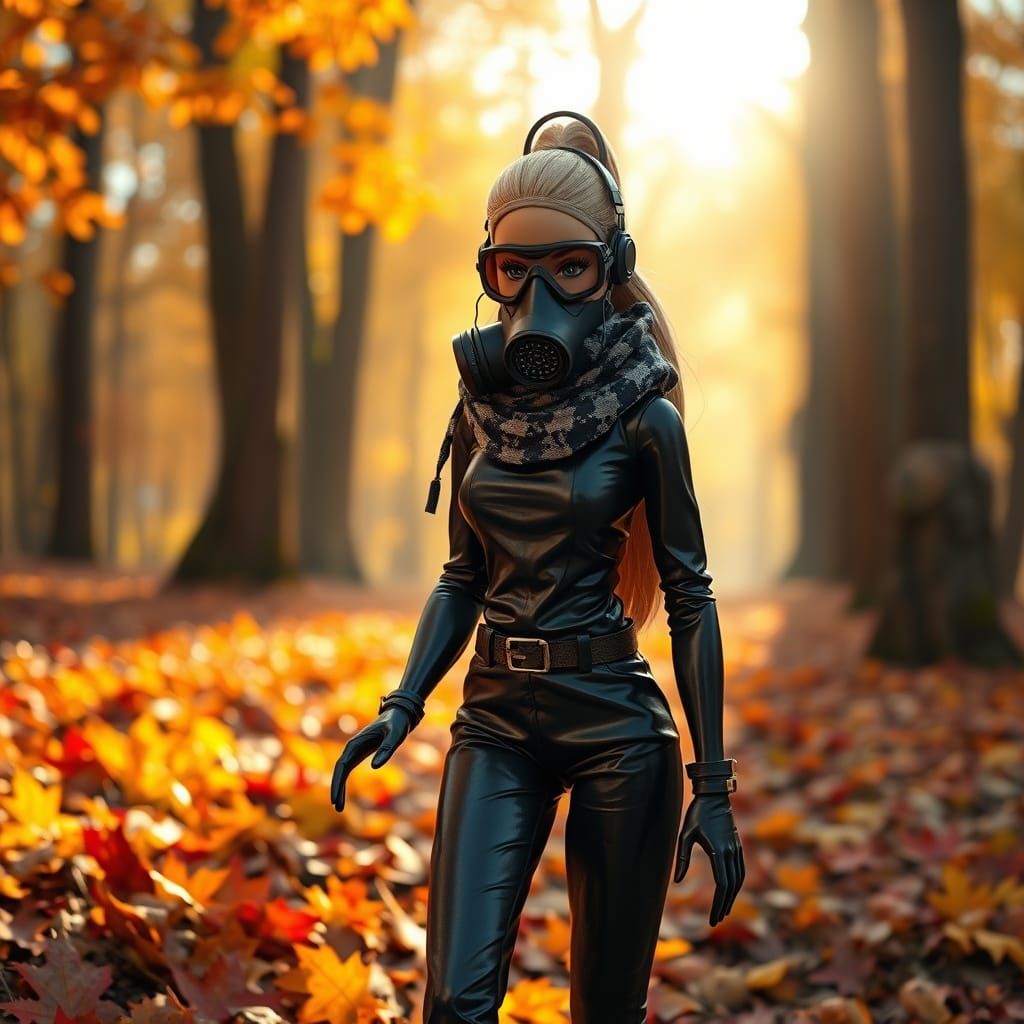 Barbie in a Rubber Outfit in Autumn Forest