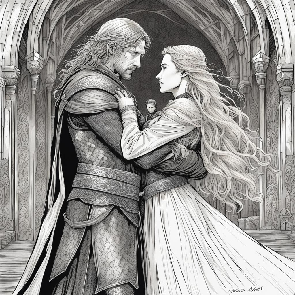 Eowyn and Faramir Embrace: Pen and Ink Illustration