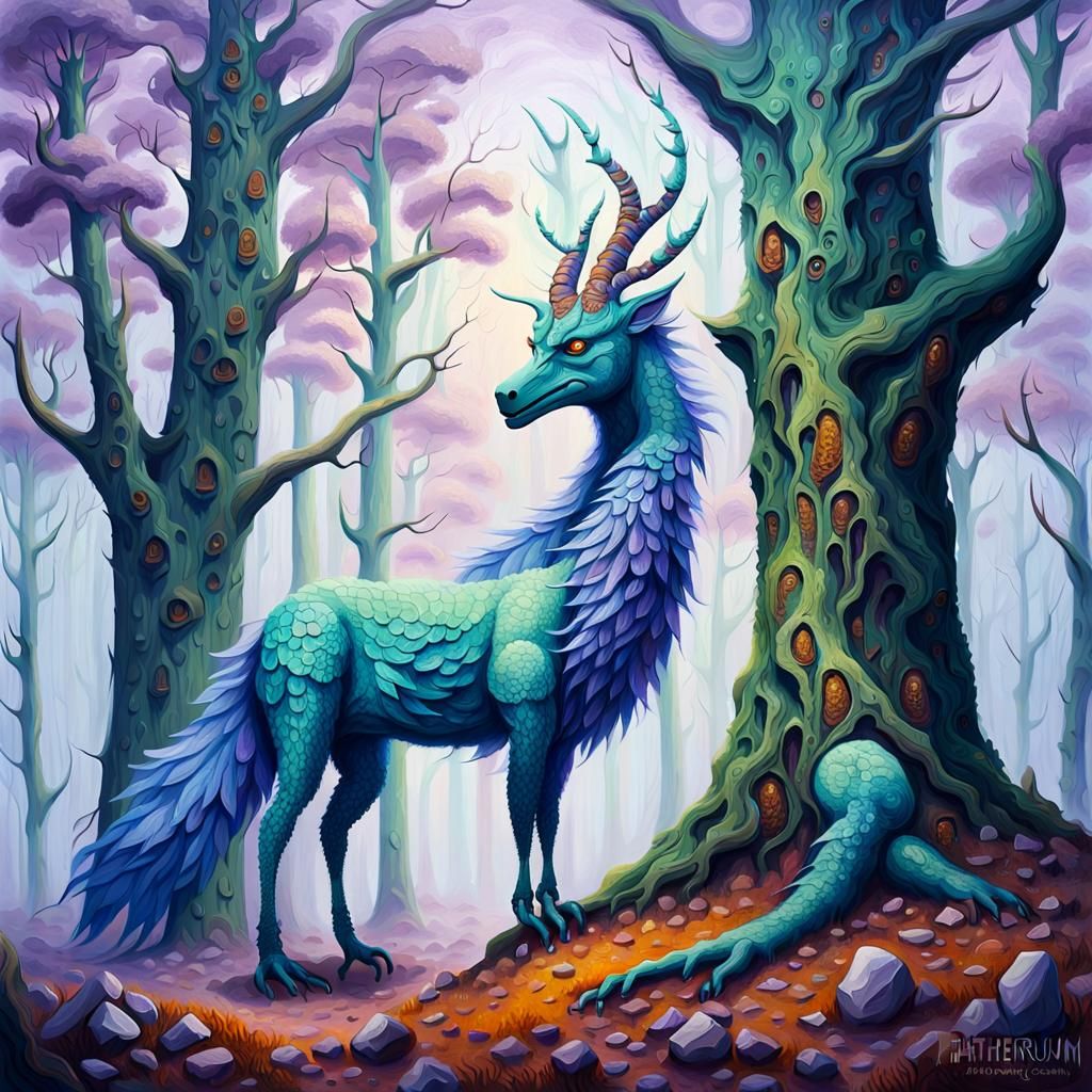 Mythical Creature in Dreamlike Forest, Impasto Painting