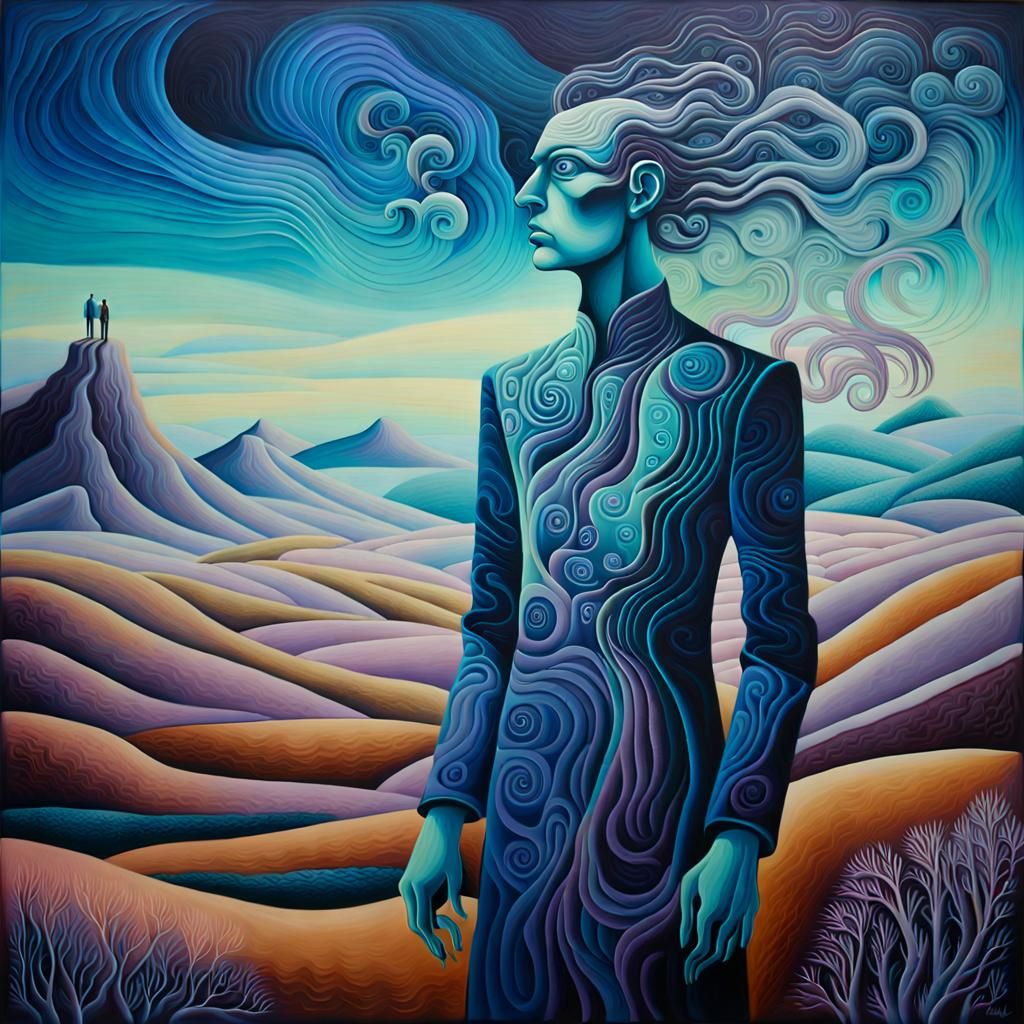 Surreal Humanoid Figure in Dreamlike Landscape
