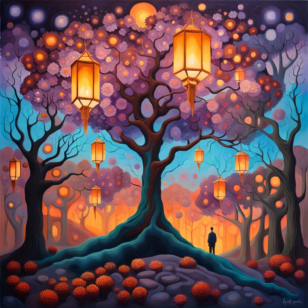 Surreal Twilight World Painting with Amethyst Blooms