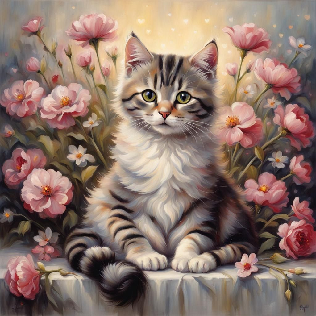 Cute Cat Portrait with Flowers in Street Art Style