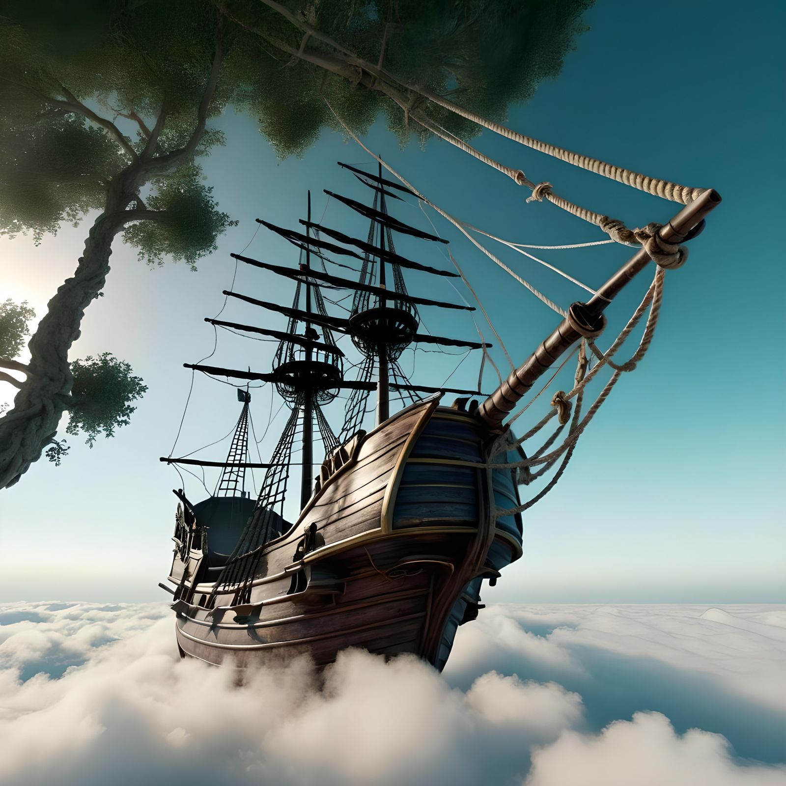 Pirate Ship Stranded in Tree Above the Clouds