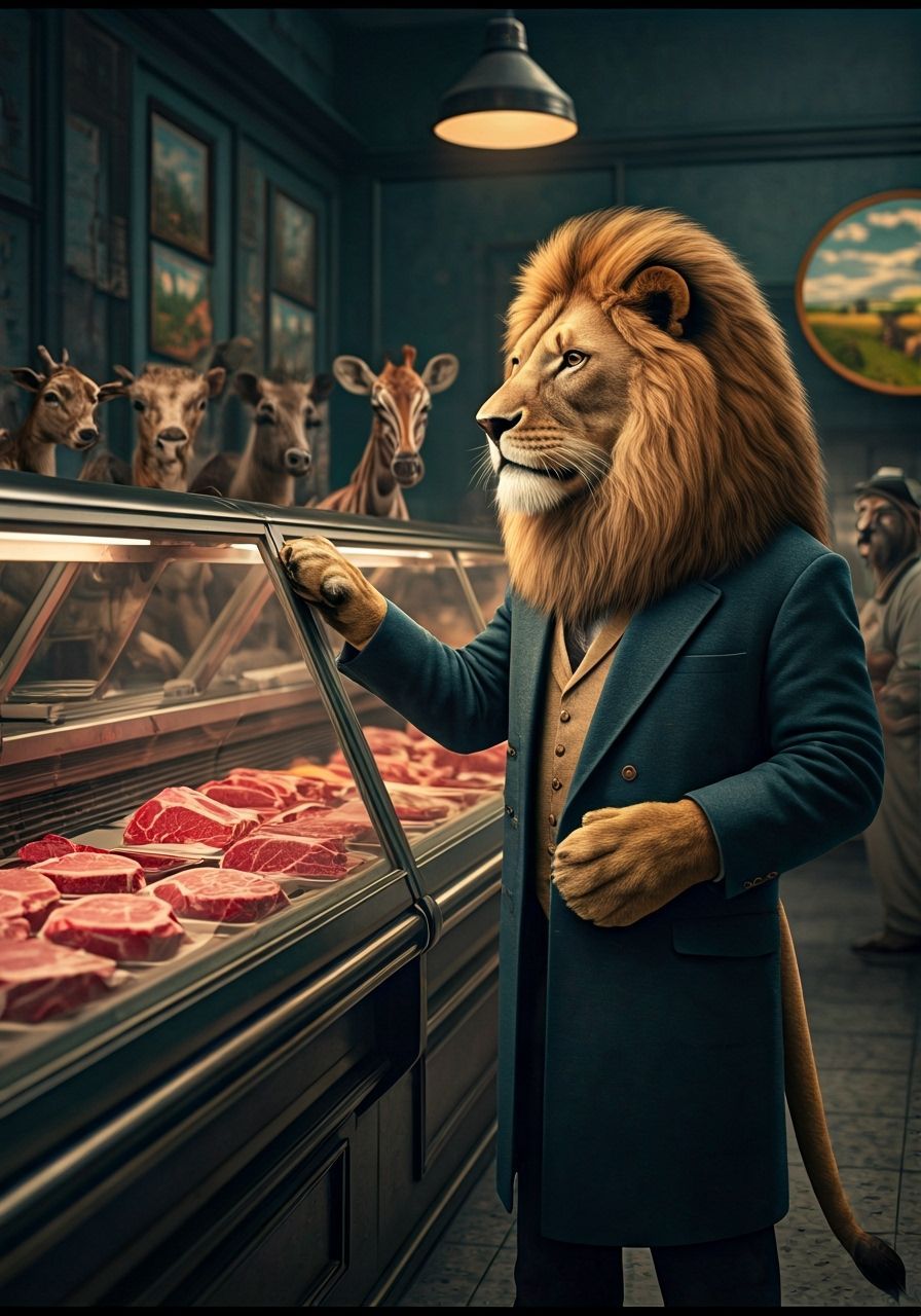 Lion Man Selects Steak in Vintage Butcher Shop