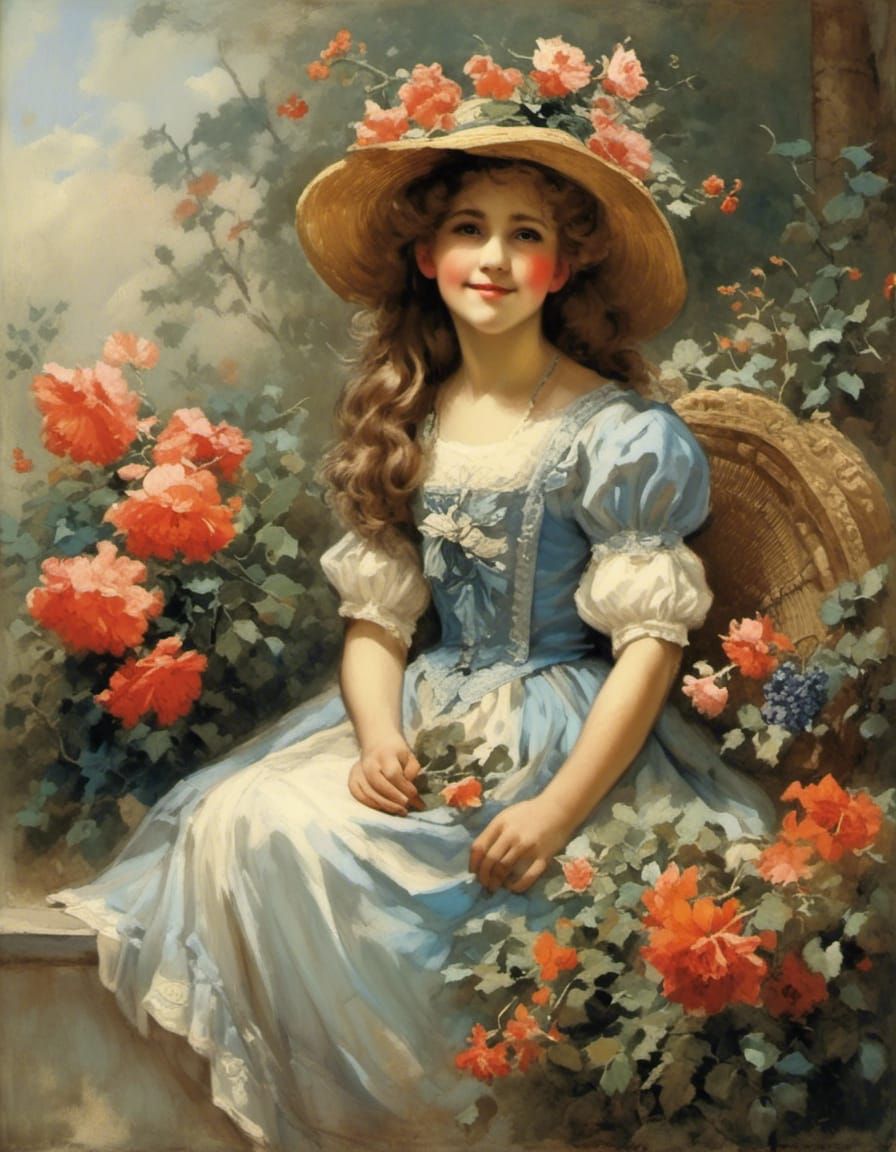 Vintage Photo of Girl with Flowers in Watercolor Style