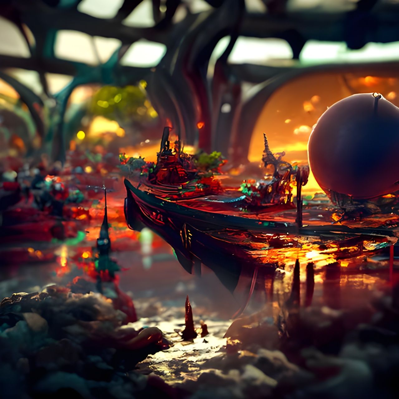 Fantasy Galleon in Sci-Fi Riverside Landscape