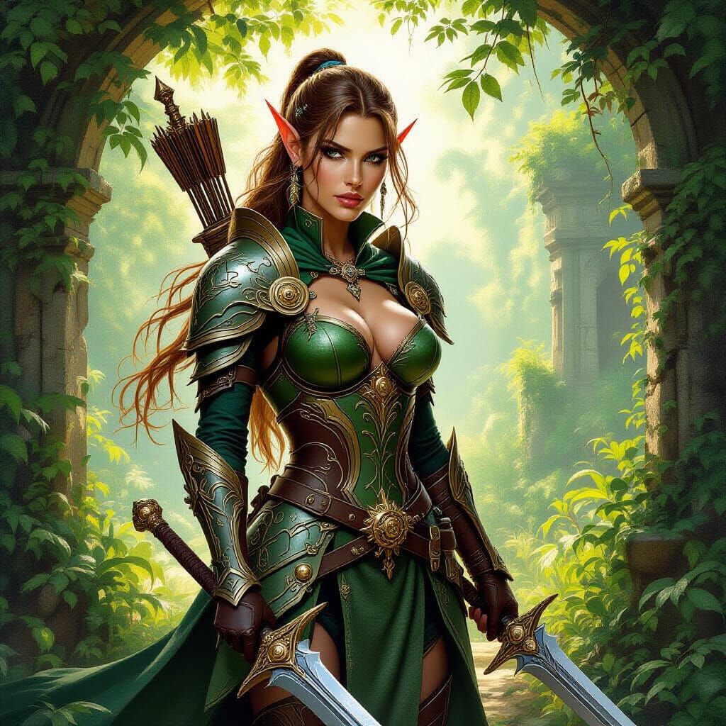 Elegant Elf Warrior in Steampunk Armor