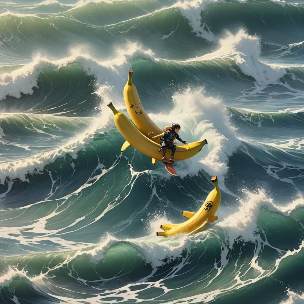 Banana Surfing Ocean Wave in 3D Anime Art