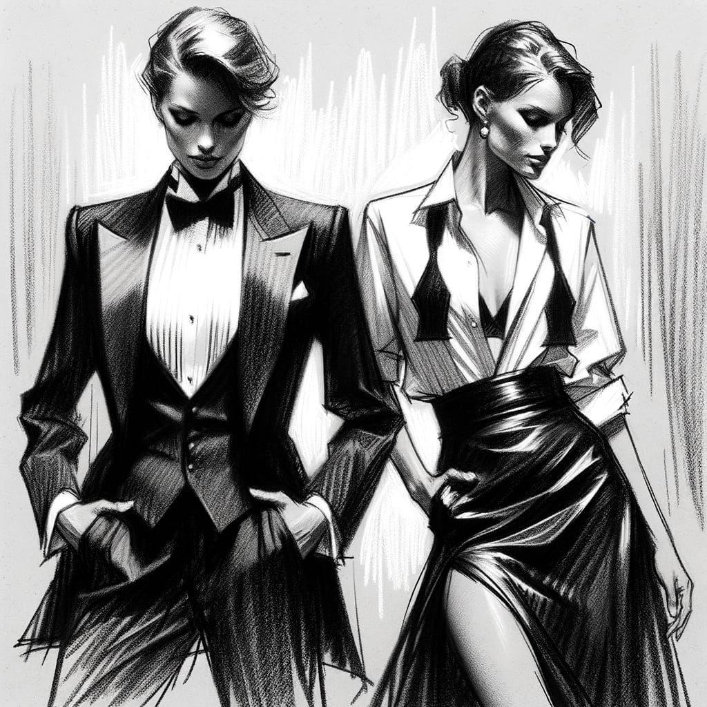 Sleek Women Dancing in Elegant Charcoal Illustration