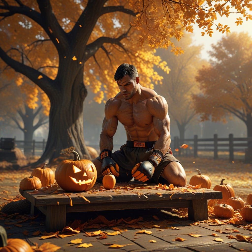 Boxer Carves Halloween Pumpkin Under Autumn Oak Tree
