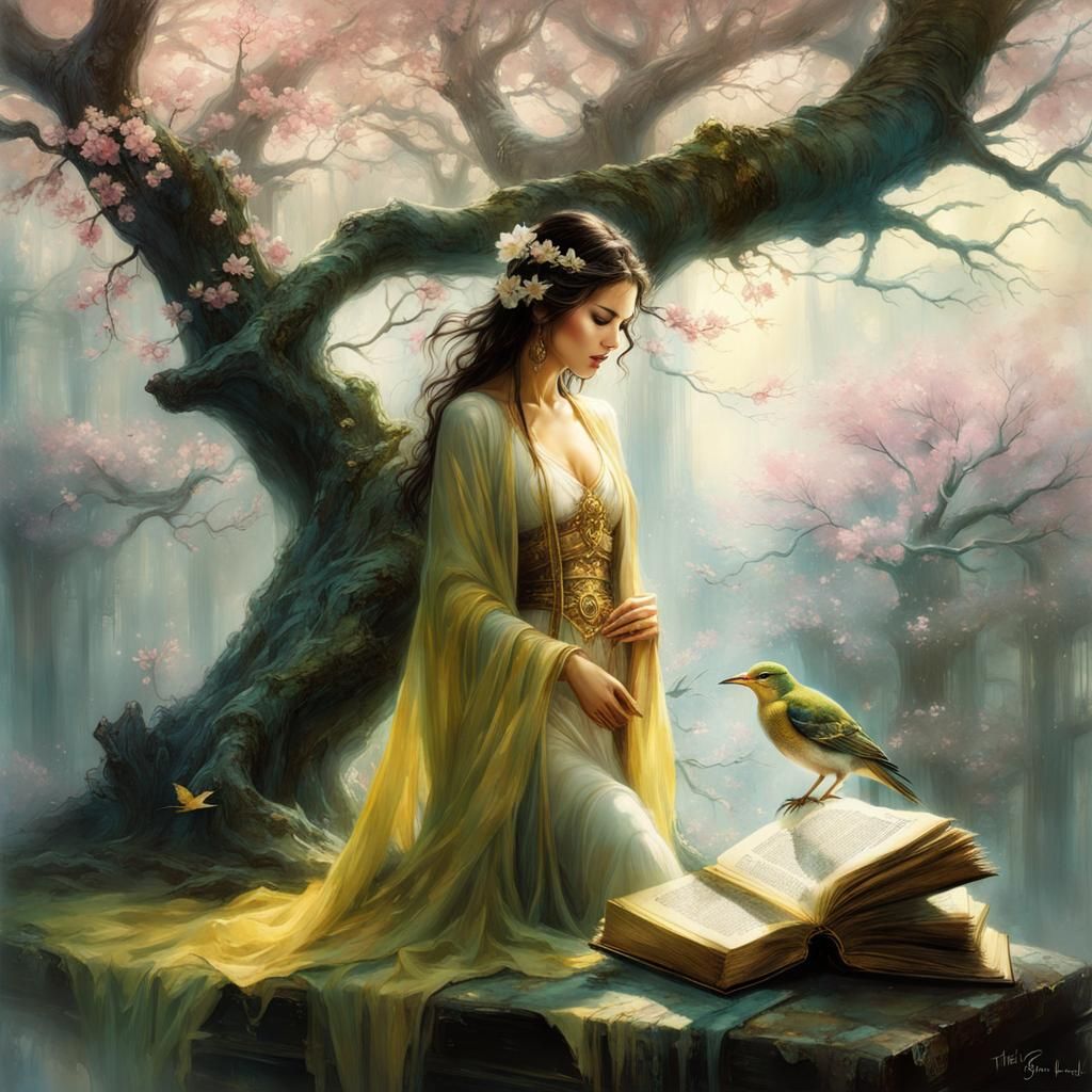 Goddess Emerges from Book with Cherry Tree