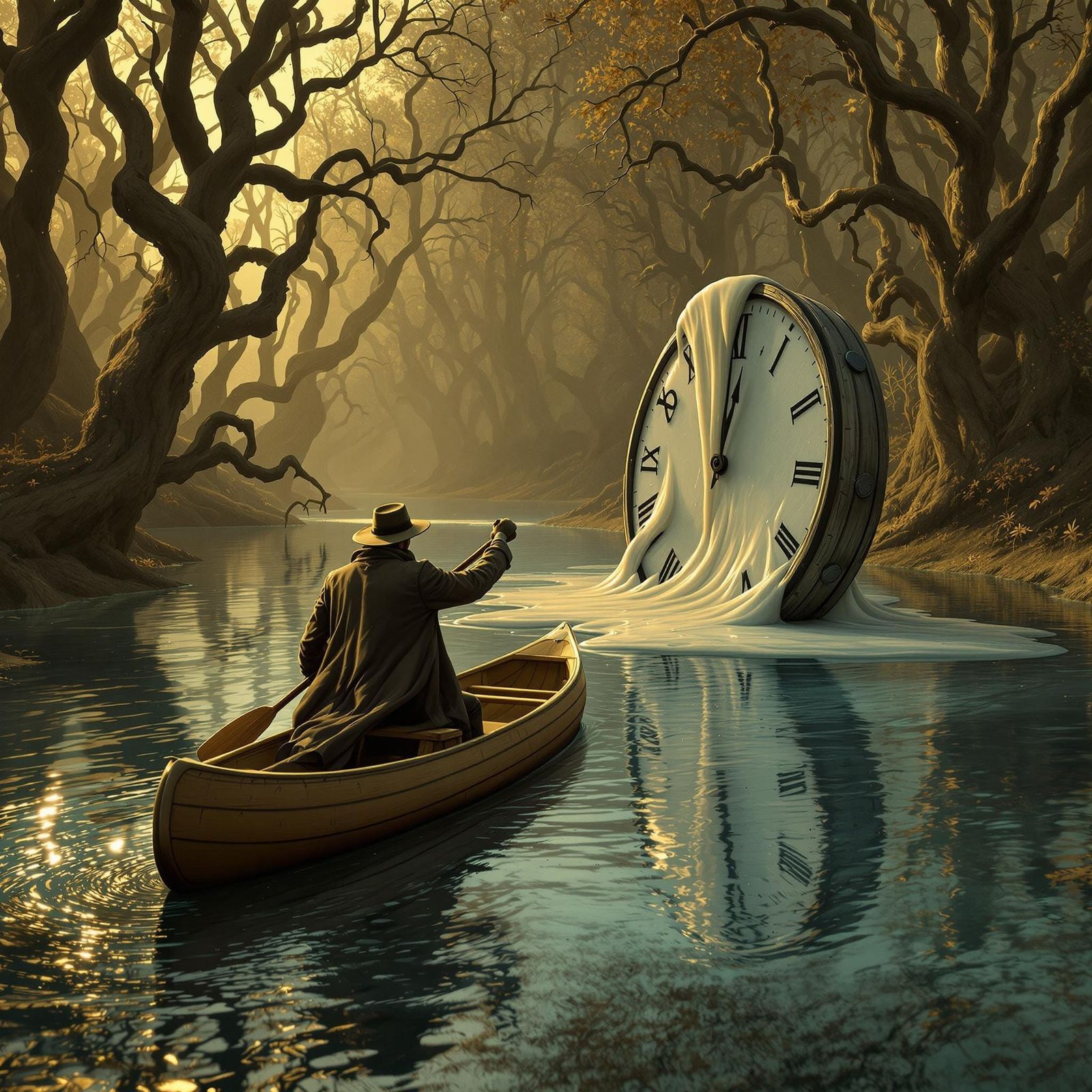Surreal Traveler on River with Melting Clock