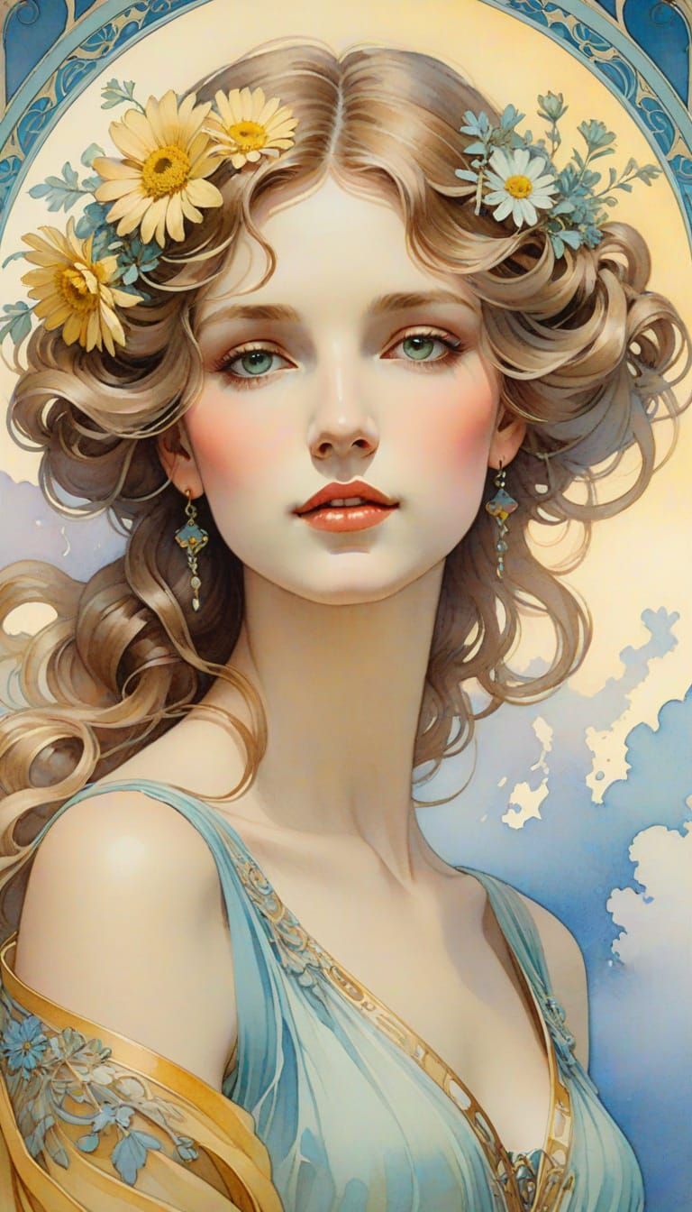 Elegant Art Nouveau Watercolor Portrait of a Young Woman wit...