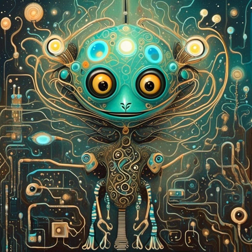 Glowing Circuit Creature on Enchanted Motherboard