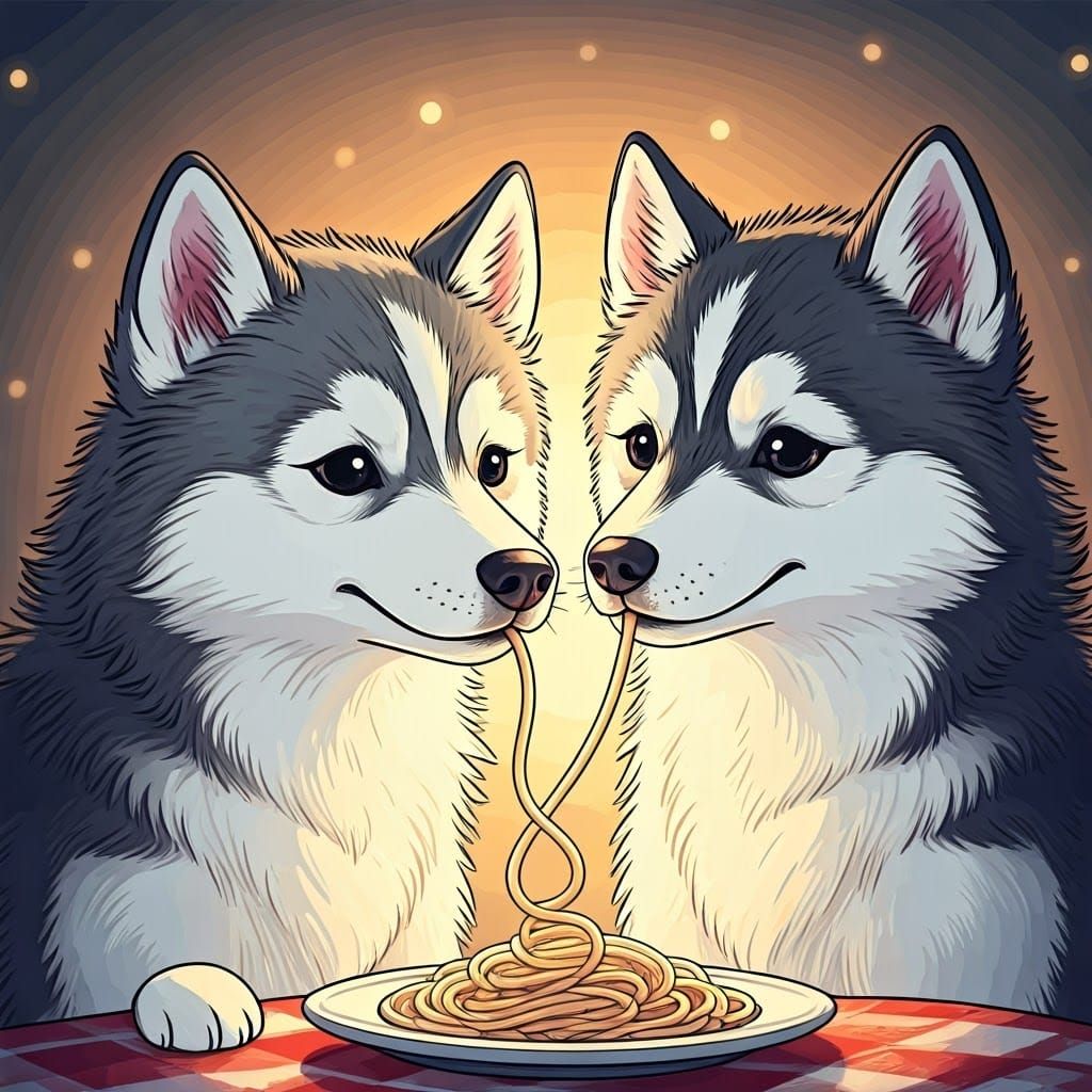 huskies sharing a long spaghetti