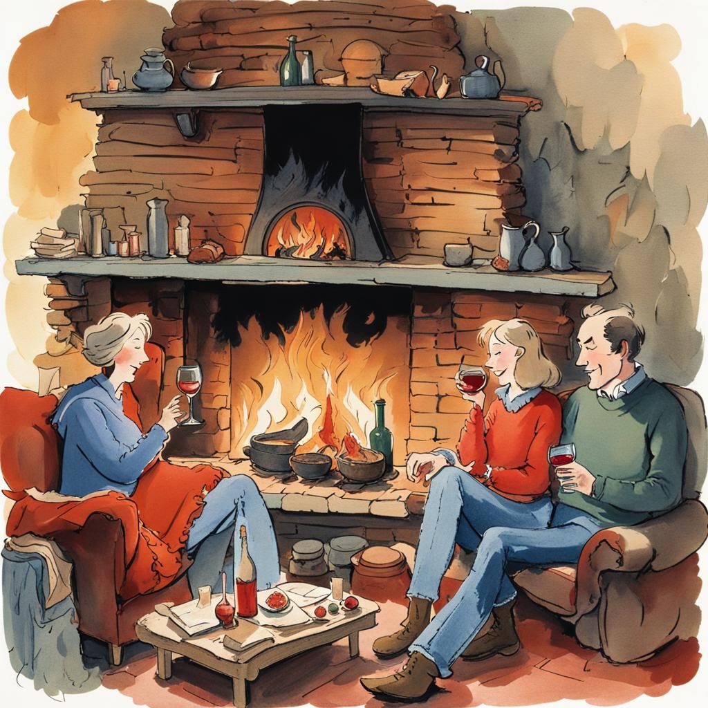Cosy Couple by Log Fire, Quentin Blake Style