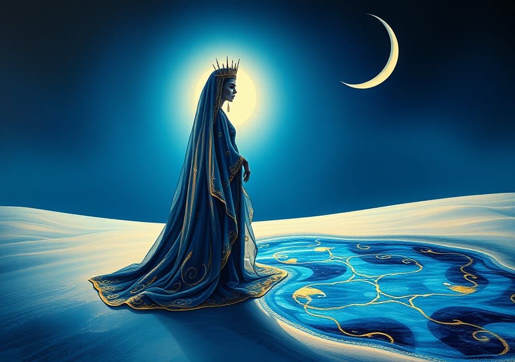 Ethereal Queen by Oasis with Moonlit Reflections