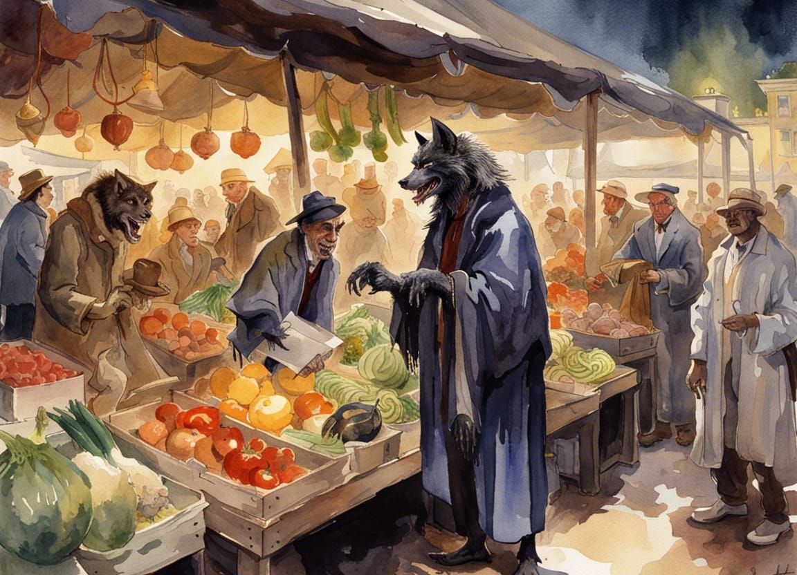 Werewolf at Open Air Vegetable Market, Watercolor
