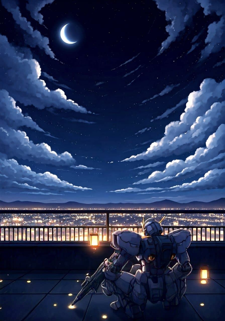 A contemplative anime-style mecha