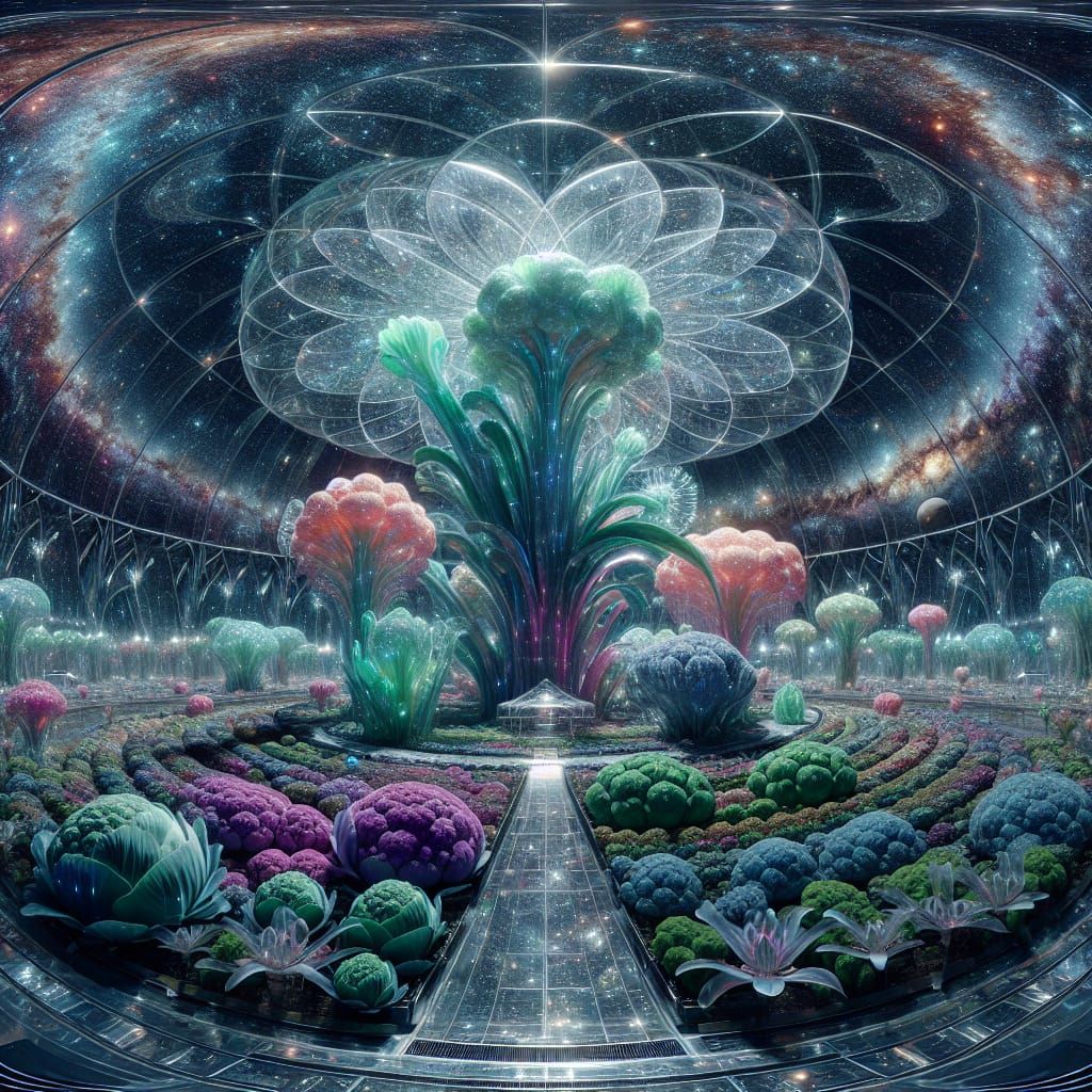 Lush Garden on Interstellar Ship Amidst Galaxies