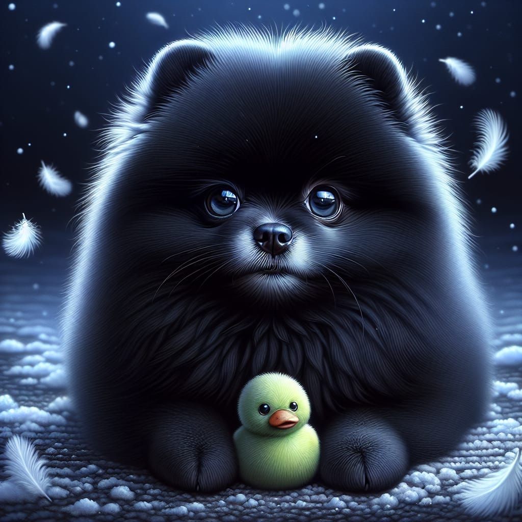 A hyper-realistic digital artwork of an adorable cute  black Pomeranian with a small lime green stuffed toy duck between...