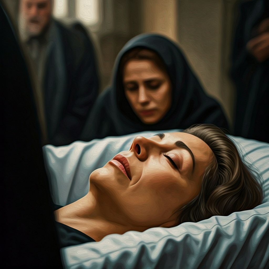 Woman in Casket Surrounded by Grieving Family