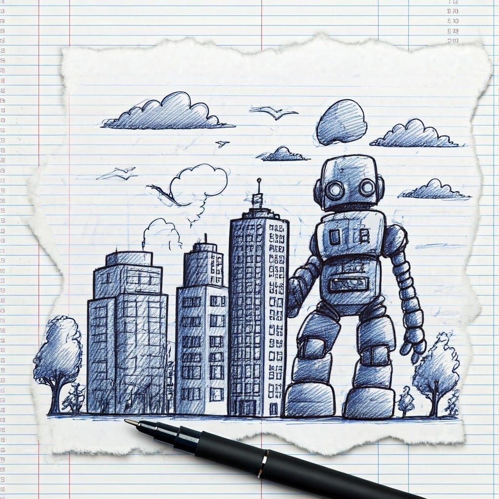 Doodle City with Giant Robot in Ballpoint Pen