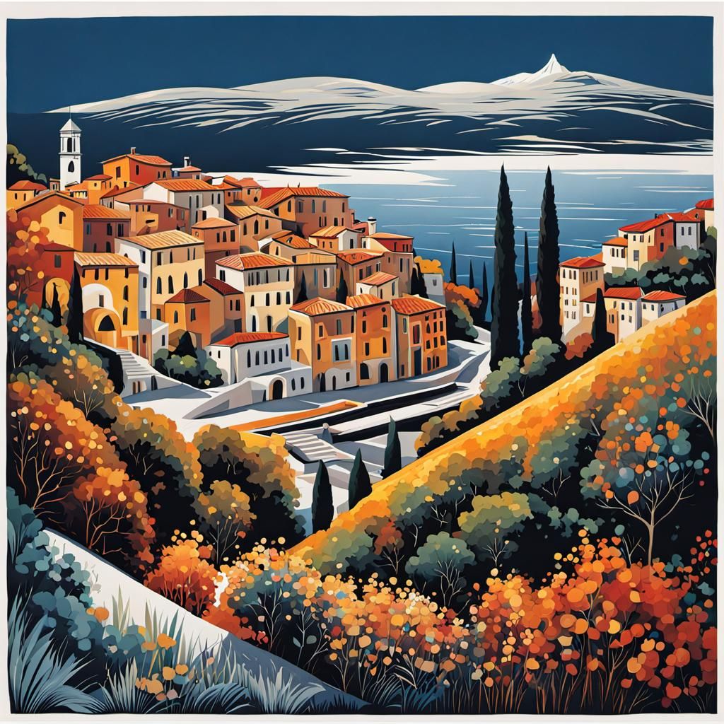 Italian Town Landscape in Schematic Art