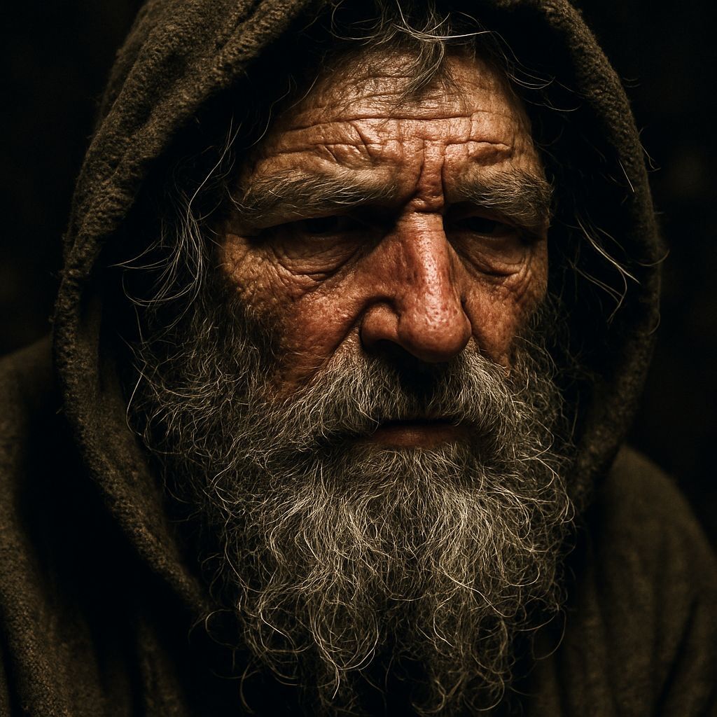 Hyper-Realistic Photo of a Disheveled Hermit