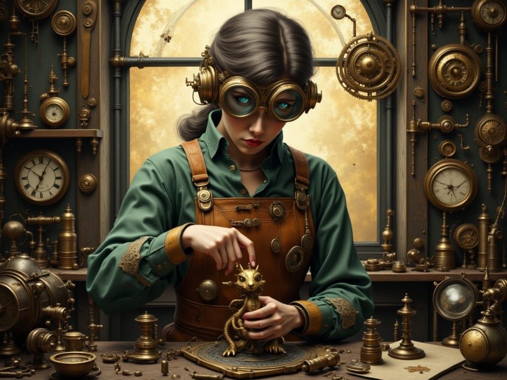 Steampunk Inventor and Clockwork Dragon in Ornate Style