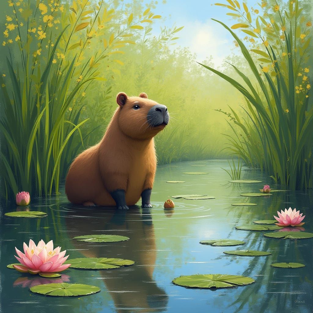 Capybara in Wetland as Impressionist Painting