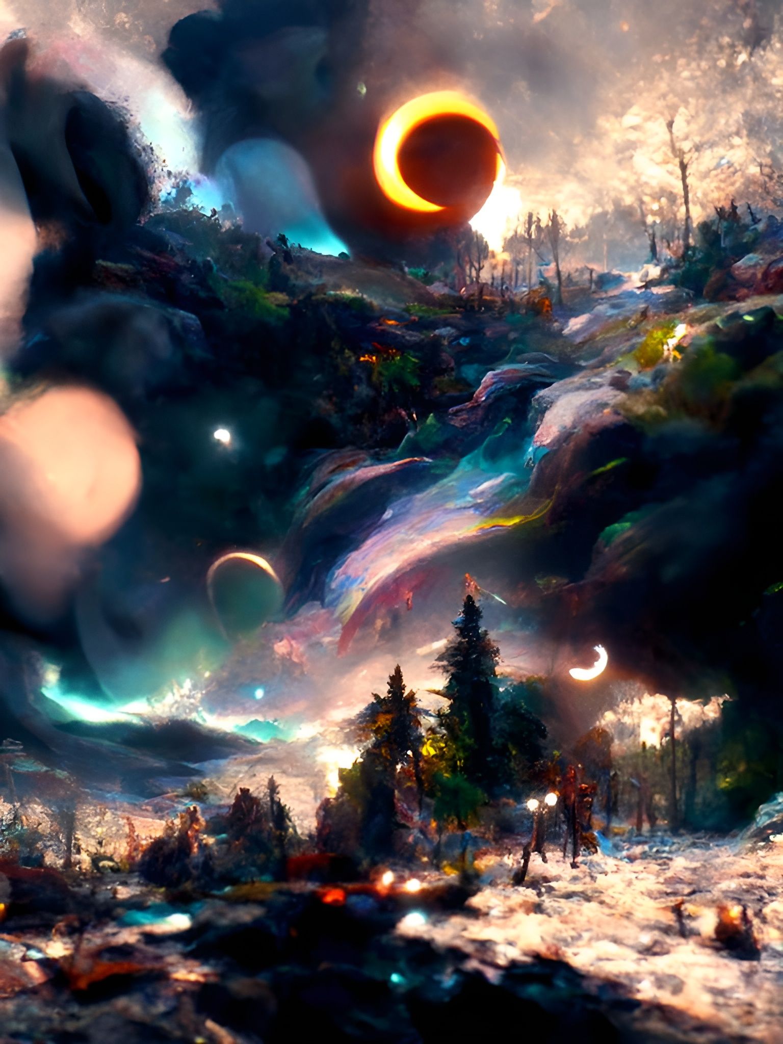 Majestic Eclipse Over Starry Forest, Ethereal Painting