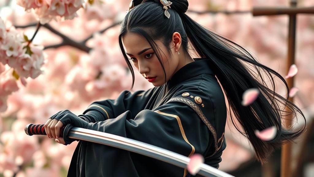 Ninja in Cherry Blossom Garden: Art Nouveau Style