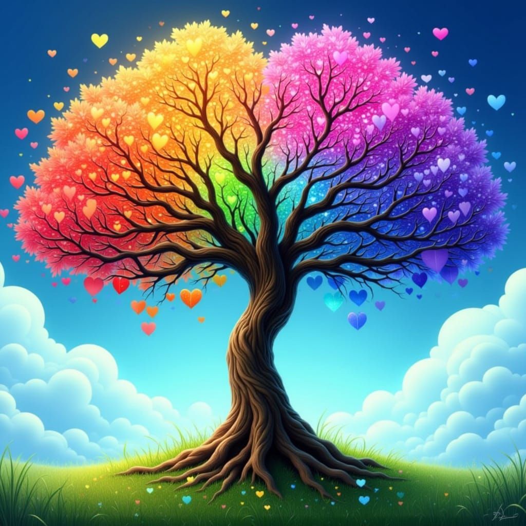 Chibi Tree of Life with Rainbow Heart Leaves