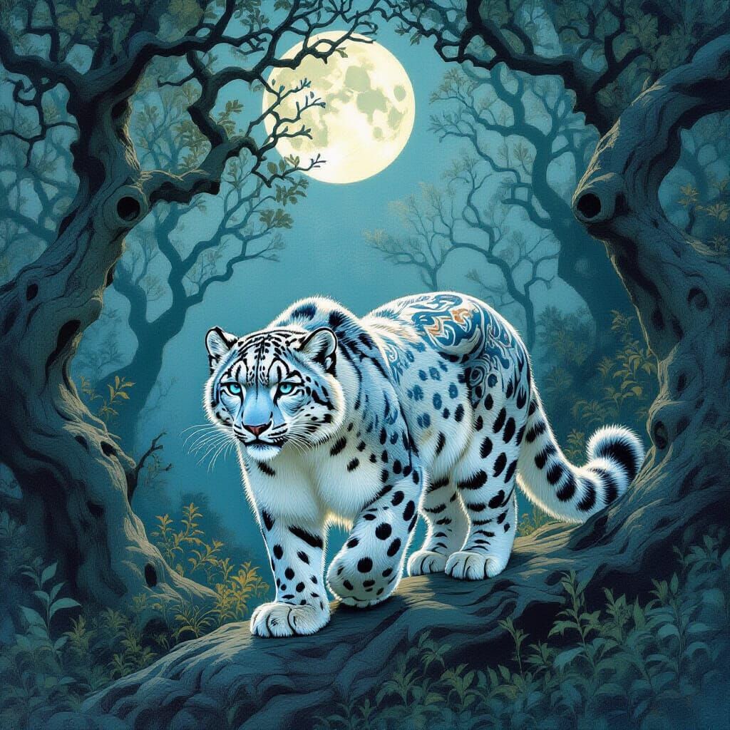 Snow Leopard in Moonlit Forest, Art Nouveau Patterns