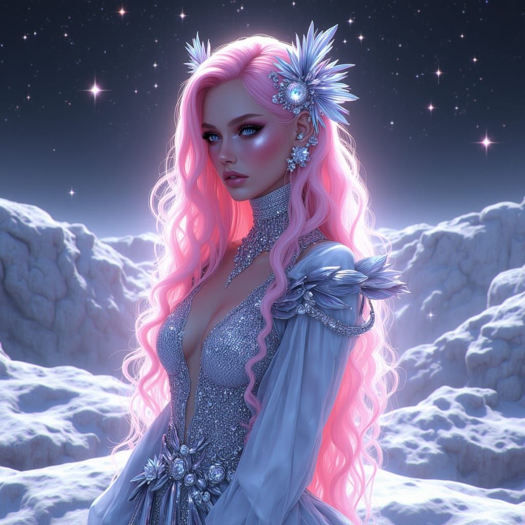 Pink-Haired Cyborg Princess on Moonscape in Silver-Blue Gown
