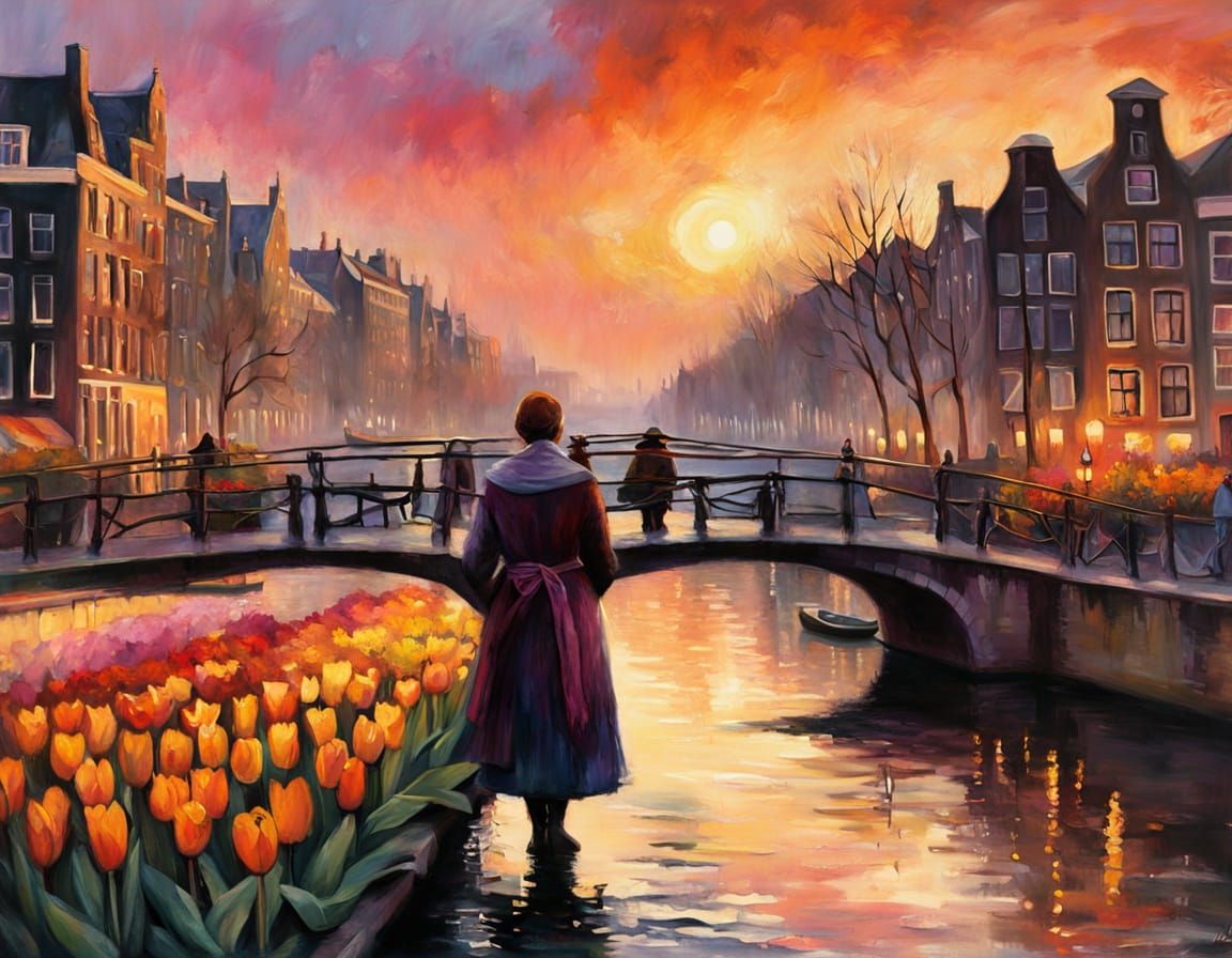 Vibrant Amsterdam Canal Scene in Expressionist Dry Brush Sty...