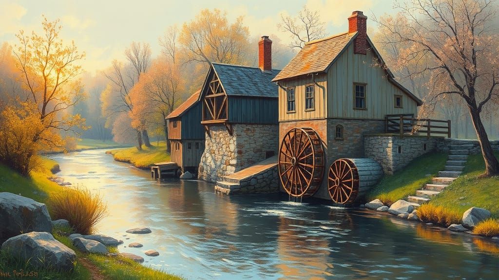 Serene Mill in Spring Landscape, Oil Painting