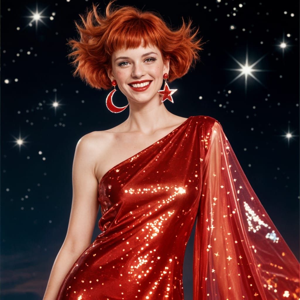 Sparkling Red Dress with Fiery Accents in Polaroid Style