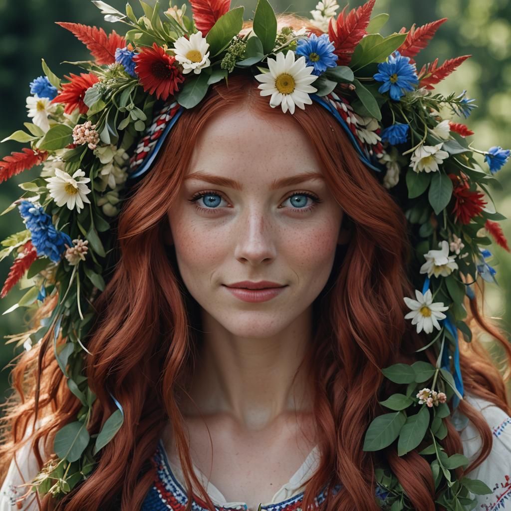 Smiling Red-Haired Girl with Flower Wreath